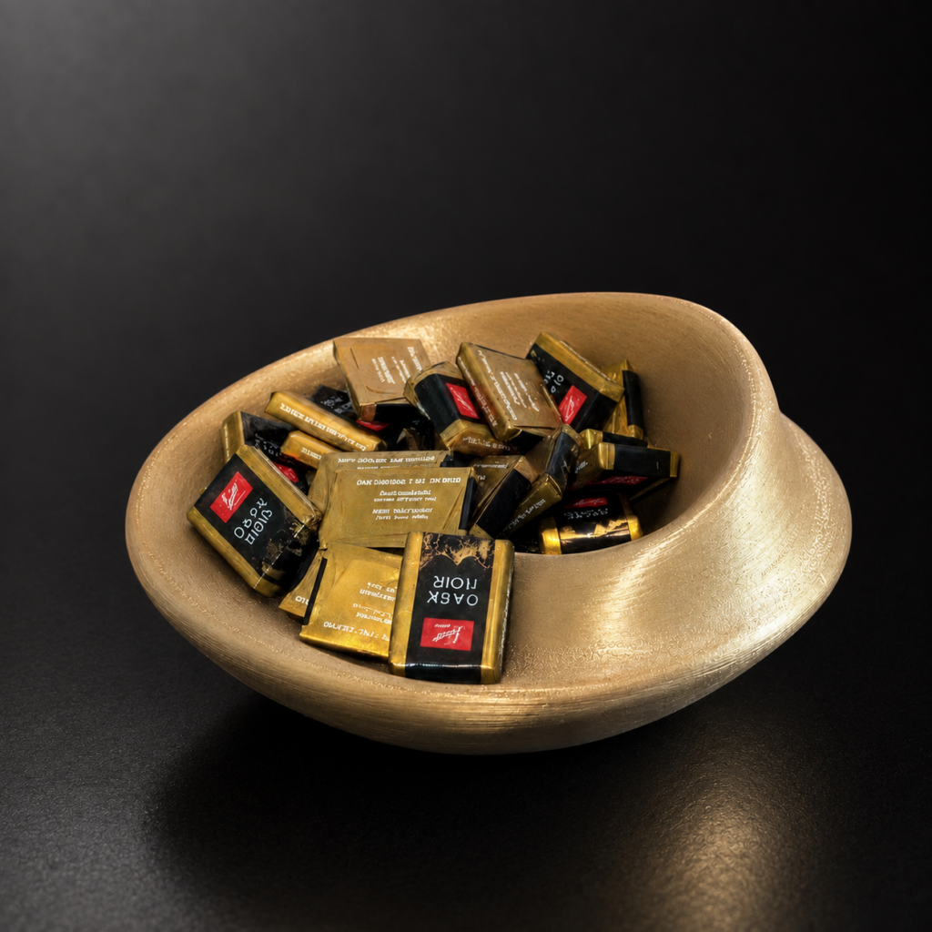 Gold bowl filled with wrapped chocolates in black and gold wrappers on a black background, front center focus of the image.